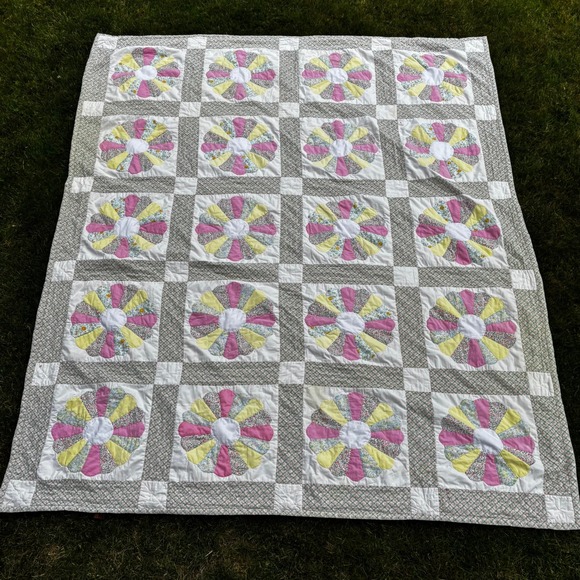 Other - Antique Dresden Plate Hand Sewn Quilt Vintage Floral Pink Yellow Green 101x83